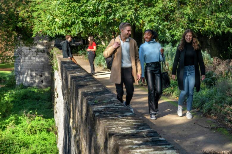 Students walking on wall