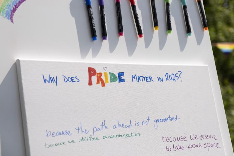 Flipover at Pride Month flag raising event saying Why does Pride matter in 2025?