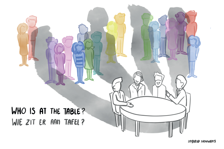 People at a meeting table in black and white casting shadows on a colourful diverse group of people in the background with the question: Who is at the table?