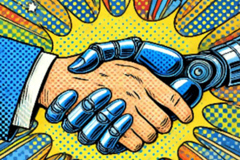 Cartoon image of human hand shaking robot hand