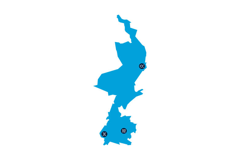 blue map of Limburg showing Venlo, Heerlen and Maastricht